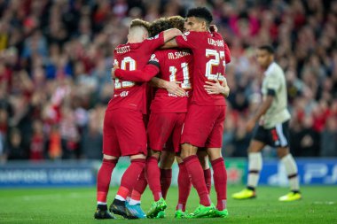 Liverpool 'dan Mohamed Salah # 11 UEFA Şampiyonlar Ligi maçı sırasında Anfield, Liverpool, İngiltere' de Liverpool - Ajax maçında 1-0 berabere kaldı.