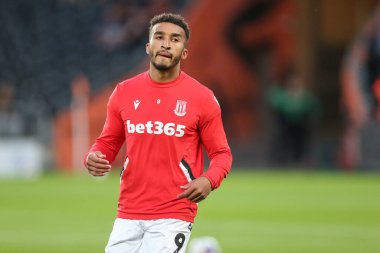 Stoke City 'den Jacob Brown # 9. Skor öncesi ısınma maçında Hull City, Stoke City' ye karşı MKM Stadyumu, Hull, Birleşik Krallık, 13 Eylül 202