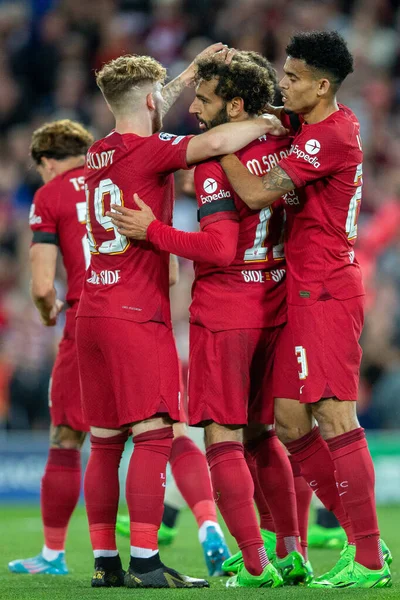 Mohamed Salah Liverpool Marca Durante Partido Liga Campeones Uefa Liverpool — Foto de Stock