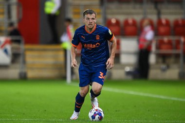 Blackpool # 34 numaralı Jordan Thorniley, 14 Eylül 202 'de New York Stadyumu' nda oynanan Gökyüzü İddia Şampiyonası maçında Rotherham United, Blackpool 'a karşı.