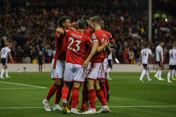 Taiwo Awoniyi Nottingham Forest Świętuje Swój Cel Podczas Meczu Premier — Zdjęcie stockowe