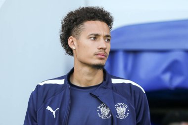 Blackpool 'dan Rhys Williams # 15 Sky Bet Şampiyonası maçından önce Londra, İngiltere' deki The Den 'de Millwall' a karşı Blackpool maçına geliyor.