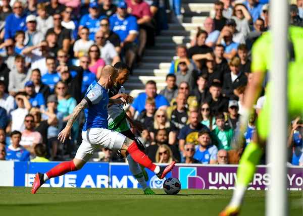 Plymouth Argyle Forward Morgan Whittaker Battles Ball Portsmouth Defender Connor — 스톡 사진