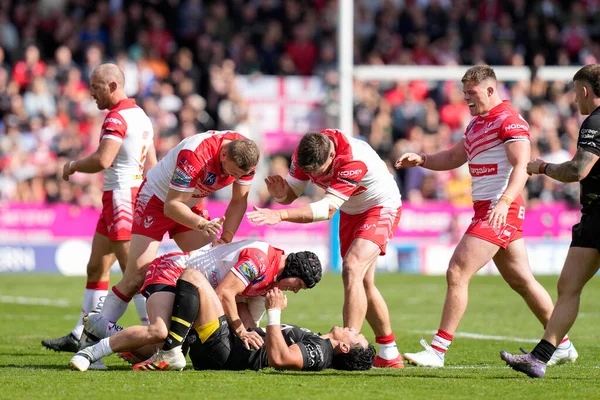 Jugador Helens Celebra Jonny Lomax Helens Causa Una Carga Suelta — Foto de Stock