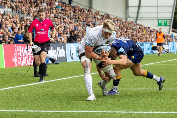 Richard Capstick Exeter Chiefs Corre Para Marcar Sua Segunda Tentativa — Fotografia de Stock