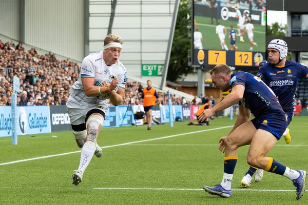 Richard Capstick Exeter Chiefs Második Próbálkozása Gallagher Premiership Mérkőzésen Worcester — Stock Fotó