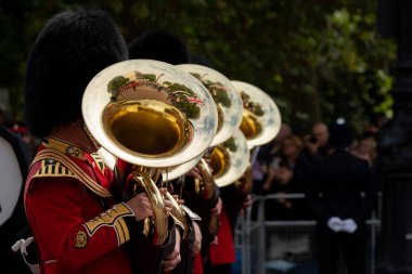 Londra Şehir Merkezi, Londra 'da 19 Eylül 202' de düzenlenen Kraliçe Elizabeth Devlet Cenaze Töreni 'ne katılan bando gruplarının görüntüleri.