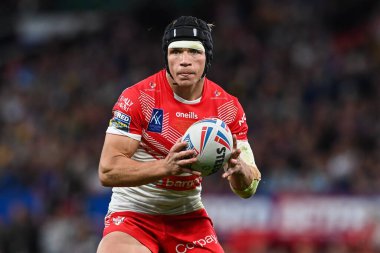 St. Helens # 6. Jonny Lomax 25. Betfred Süper Lig Büyük Finali sırasında Old Trafford, Manchester, Birleşik Krallık 'ta St Helens - Leeds Rhinos maçında, 24 Eylül 202