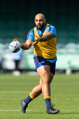 Worcester Warriors 'dan Kai Owen Gallagher Premiership maçından önceki ısınma maçında Worcester Warriors, Newcastle Falcons' a karşı Sixways Stadyumu, Worcester, İngiltere, 24 Eylül 202