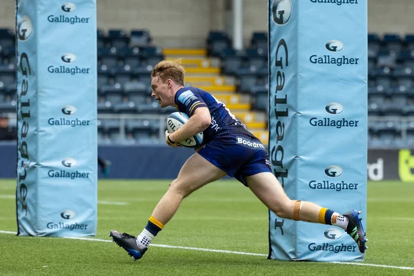 Gareth Simpson Worcester Warriors Separa Para Marcar Uma Tentativa Durante — Fotografia de Stock