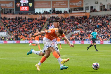 Blackpool 'dan Jerry Yates kalede şut atıyor ama Blackpool' un Norwich City 'e karşı oynadığı 1 Ekim 202' de oynanan Gökyüzü İddia Şampiyonası maçında engelleniyor.