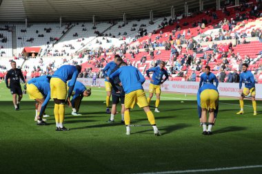 Preston North End, 1 Ekim 202 'de İngiltere' nin Sunderland-Preston North End Stadyumu 'nda oynanan Sky Bet Şampiyonası karşılaşmasında ısınıyor.