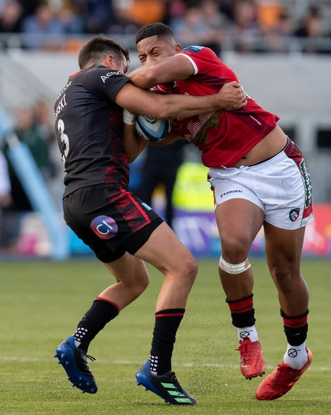 Phil Cokanasiga Der Leicester Tigers Kämpft Mit Alex Lozowski Der — Stockfoto