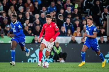 Nottingham Ormanı 'ndan Brennan Johnson # 20 Premier League maçı sırasında King Power Stadyumu' nda Leicester City - Nottingham Forest maçında gol attı.