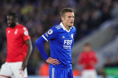Leicester City 'den Jamie Vardy # 9 Premier League maçı sırasında Leicester City, King Power Stadyumu' nda Nottingham Forest 'a karşı, 3 Ekim 202