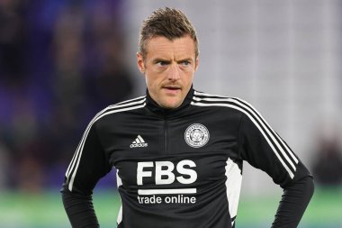 Leicester City 'den Jamie Vardy # 9 Premier League maçı öncesinde King Power Stadyumu' nda Leicester City - Nottingham Forest maçı, 3 Ekim 202