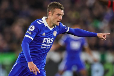 Leicester City 'den Jamie Vardy # 9 Premier League maçı sırasında Leicester City, King Power Stadyumu' nda Nottingham Forest 'a karşı, 3 Ekim 202