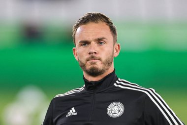 Leicester City 'den James Maddison, Premier Lig maçı öncesinde King Power Stadyumu, Leicester, İngiltere' de oynanan Leicester City - Nottingham Forest maçında ısınma turunda...