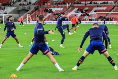 Blackpool 'dan Theo Corbeanu # 25, Sky Bet Şampiyonası maçından önceki ısınma maçında Sunderland - Blackpool Stadyumu, Sunderland, İngiltere, 4 Ekim 202