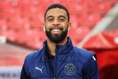 Blackpool 'dan CJ Hamilton # 22, 4 Ekim 202' de İngiltere 'nin Sunderland şehrinde oynanan Sunderland-Blackpool maçından önce Işık Stadyumu' na vardı.