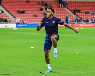 Blackpool 'dan Dominic Thompson # 23, Sky Bet Şampiyonası maçından önceki ısınma maçında Sunderland - Blackpool Stadyumu, Sunderland, İngiltere, 4 Ekim 202