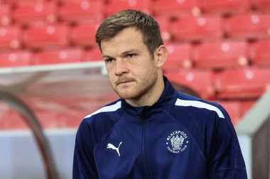 Blackpool 'dan Jordan Thorniley # 34, 4 Ekim 202' de Sunderland - Blackpool Stadyumu 'nda oynanan Gökyüzü İddia Şampiyonası maçından önce Işık Stadyumu' na vardı.