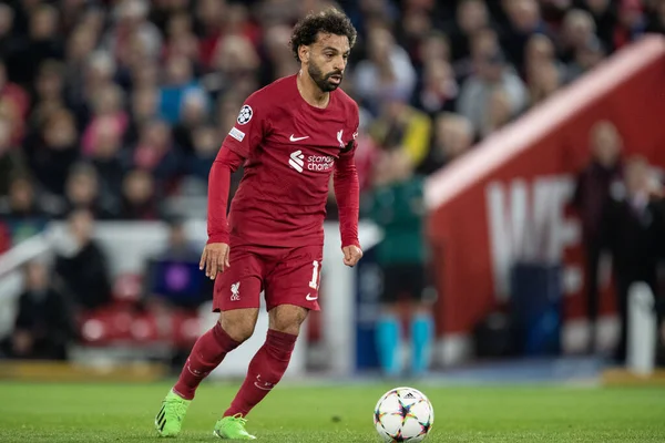 Mohamed Salah Liverpoolu Piłce Podczas Meczu Ligi Mistrzów Uefa Liverpool — Zdjęcie stockowe