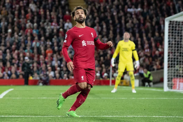 Mohamed Salah Liverpoolu Podczas Meczu Ligi Mistrzów Uefa Liverpool Rangers — Zdjęcie stockowe