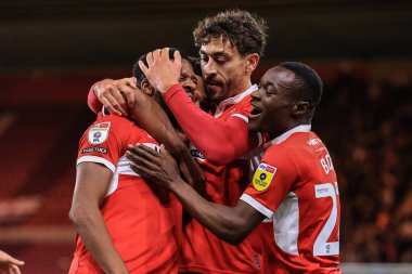 Middlesbrough 'dan Chuba Akpom # 29, Middlesbrough, Birleşik Krallık Riverside Stadyumu' nda Middlesbrough - Birmingham City maçında 1-0 kazanma golünü kutluyor.