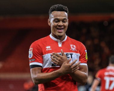 Middlesbrough 'lu Rodrigo Muniz, Middlesbrough City' nin 5 Ekim 202 'de Riverside Stadyumu' nda oynanan ve Middlesbrough 'a karşı oynanan Sky Bet Şampiyonası maçında 1-0 yenilen golünü kutluyor.