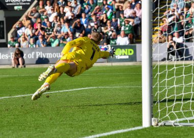 Accrington Stanley kalecisi Lukas Jensen (1), 8 Ekim 202 'de Home Park, Plymouth, İngiltere' de oynanan Sky Bet Lig 1 karşılaşmasında kurtardı.