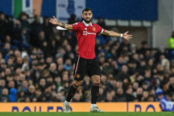 Bruno Fernandes Manchesteru United Reaguje Během Zápasu Premier League Everton — Stock fotografie