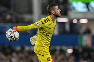 Manchester United takımından David De Gea, 9 Ekim 202 tarihinde Goodison Park, Liverpool 'da oynanan Premier League maçında topu fırlattı.
