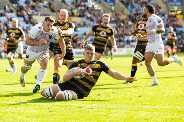 Jack Willis Van Wasps Rugby Scoort Een Poging Tijdens Gallagher — Stockfoto