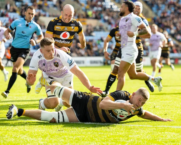 Jack Willis Van Wasps Rugby Scoort Een Poging Tijdens Gallagher — Stockfoto