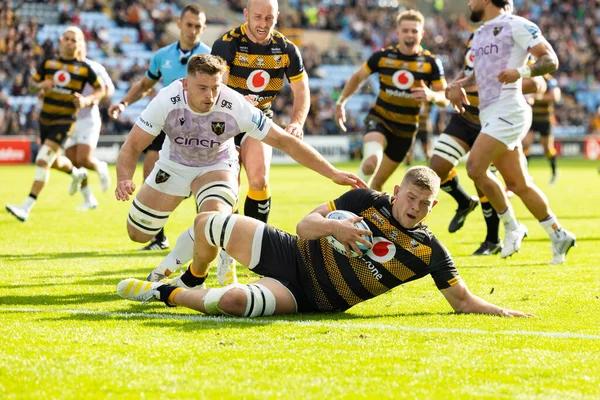 Jack Willis Wasps Rugby Marca Uma Tentativa Durante Partida Gallagher — Fotografia de Stock