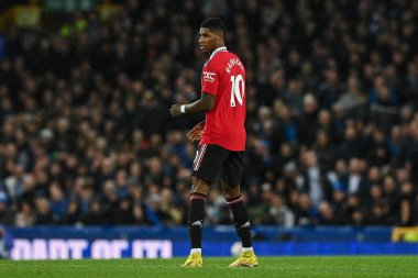 Premier League maçında Manchester United 'ın 10 numaralı oyuncusu Marcus Rashford Goodison Park, Liverpool, Birleşik Krallık' ta Everton 'a karşı.