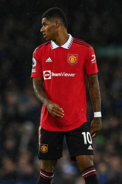 Premier League maçında Manchester United 'ın 10 numaralı oyuncusu Marcus Rashford Goodison Park, Liverpool, Birleşik Krallık' ta Everton 'a karşı.