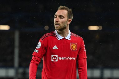 Premier Lig maçında Manchester United ile Goodison Park, Liverpool, İngiltere 'de oynanan Everton - Manchester United maçında 14 numaralı Christian Eriksen