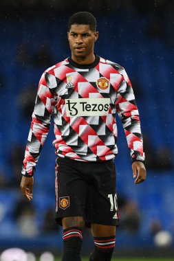 Manchester United 'dan Marcus Rashford # 10 Premier League karşılaşması öncesinde Goodison Park, Liverpool, İngiltere' de oynanan Everton-Manchester United maçında maç öncesi ısınma turunda