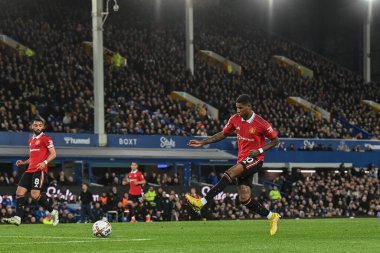 Manchester United 'ın 10 numaralı oyuncusu Marcus Rashford Premier League maçında Everton, Manchester United' a karşı Goodison Park, Liverpool, İngiltere, 9 Ekim 202 'de oynanan elle top maçında gol atmayı reddediyor.