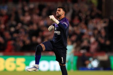 Brentford 'dan David Raya Premier League karşılaşmasında Brentford, Brighton ve Hove Albion' a karşı Brentford Community Stadyumu, Londra, İngiltere 'de 14 Ekim 202' de oynanan açılış golünü kutluyor.