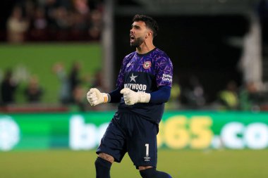 Brentford 'dan David Raya Premier League karşılaşmasında Brentford, Brighton ve Hove Albion' a karşı Brentford Community Stadyumu, Londra, İngiltere 'de 14 Ekim 202' de oynanan açılış golünü kutluyor.