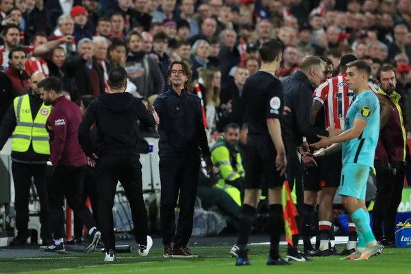 Thomas Frank Żłóbek Brentford Oferuje Rękę Spokoju Brighton Hove Albion — Zdjęcie stockowe