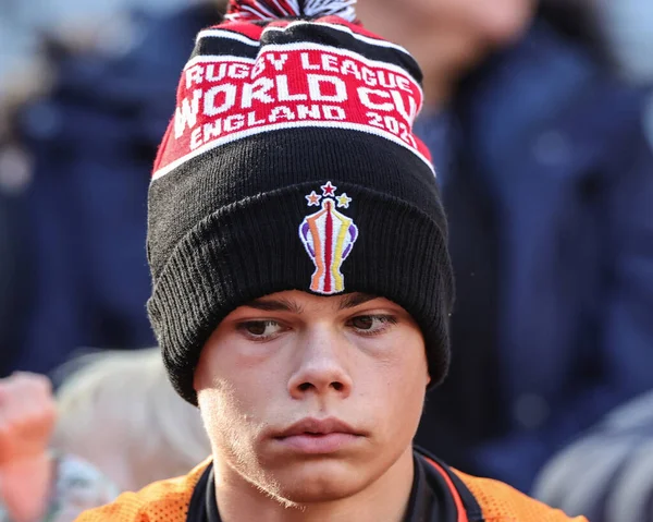 Seorang Penggemar Dengan Topi Piala Dunia Rugby League Pada Saat — Stok Foto
