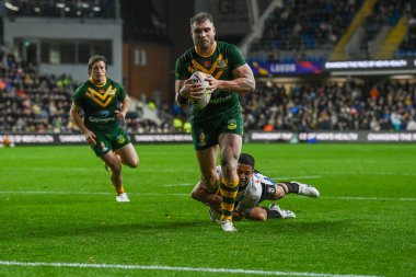 Avustralyalı Angus Crichton, 15 Ekim 202 'de Headingley Stadyumu, Leeds, Birleşik Krallık' ta oynanan 2021 Dünya Rugby Ligi karşılaşmasında ara verdi.