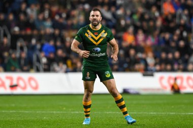 Avustralyalı James Tedesco Rugby Ligi Dünya Kupası 2021 karşılaşmasında Avustralya ile Fiji 'nin Headingley Stadyumu, Leeds, İngiltere, 15 Ekim 202