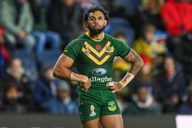 Avustralyalı Josh Addo-Carr, Rugby Ligi Dünya Kupası 2021 karşılaşmasında Avustralya ile Fiji, Headingley Stadyumu, Leeds, Birleşik Krallık, 15 Ekim 202