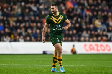 Avustralyalı James Tedesco Rugby Ligi Dünya Kupası 2021 karşılaşmasında Avustralya ile Fiji 'nin Headingley Stadyumu, Leeds, İngiltere, 15 Ekim 202