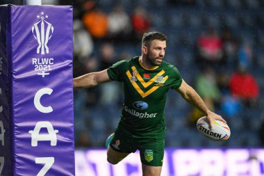 Avustralyalı James Tedesco, Rugby Ligi Dünya Kupası 2021 karşılaşması öncesinde, Leeds, İngiltere 'deki Headingley Stadyumu' nda Avustralya - Fiji maçında ısınma turuna çıktı.